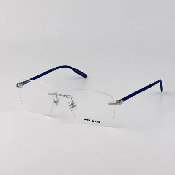 Montblanc Men Eyeglasses Silver Blue Rectangle Rimless FrameModel MB0222O 009